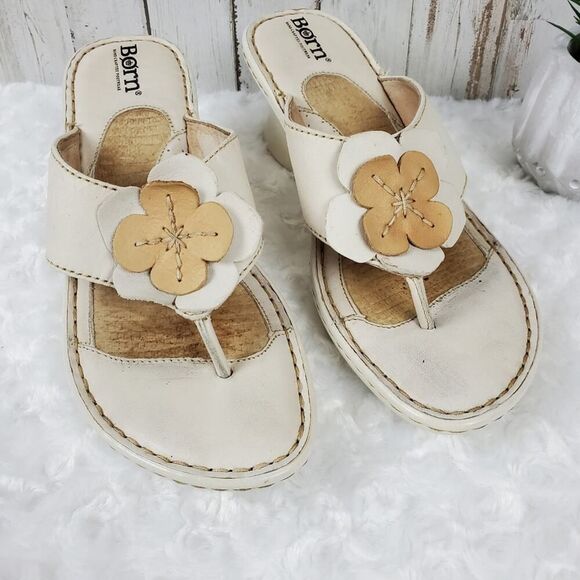 Born Leather Floral Wedge Sandals Ivory Size 8 - Picture 1 of 12